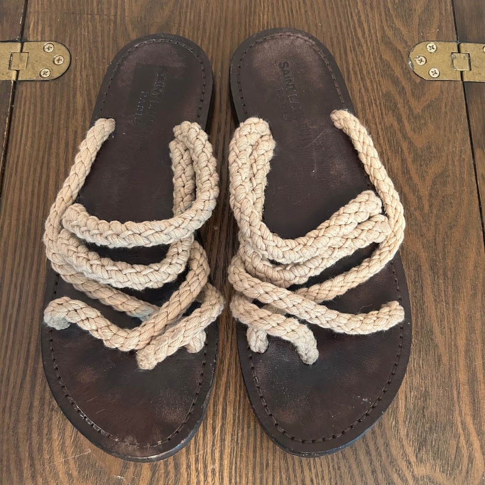 Saint Laurent Jude Rope Leather Flat Slide Sandals Brown Beige 38.5